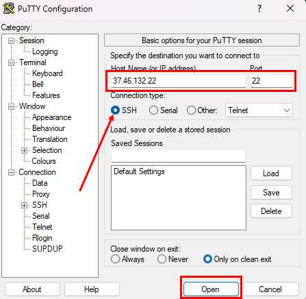 Подключение по SSH с помощью putty